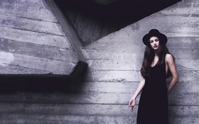 muchacha del vestido de negro, sombrero, pared HD fondos de pantalla