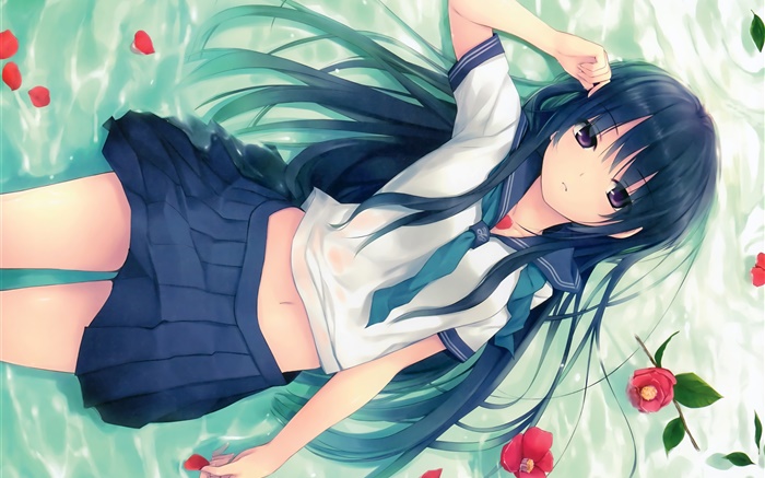 Blue anime chica de cabello, postura, Hierba de mentira, flores Fondos de pantalla, imagen
