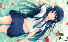 Blue anime chica de cabello, postura, Hierba de mentira, flores HD fondos de pantalla