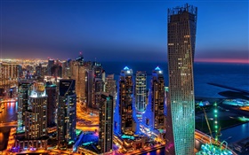 Dubai, EAU, ciudad, noche, luces, rascacielos