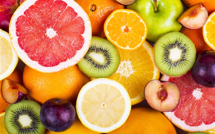 Frescas frutas, bayas, naranjas, kiwi, pomelo, manzana Fondos de pantalla, imagen