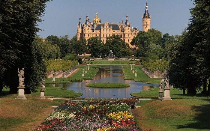 Alemania, Schwerin, castillo, arquitectura, parque, árboles, flores Fondos de pantalla, imagen