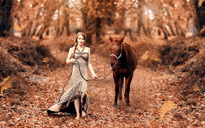 Muchacha y caballo, otoño, hojas amarillas Fondos de pantalla, imagen