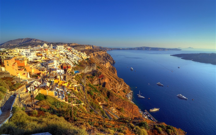 Grecia, Santorini, costa, mar, barcos, bahía, casas Fondos de pantalla, imagen