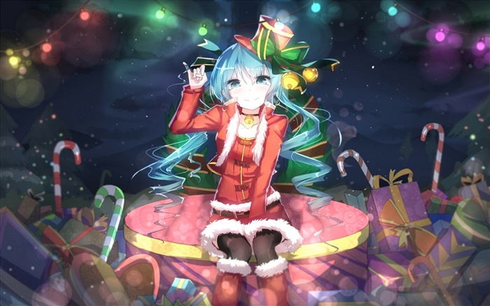 Hatsune Miku, chica de Navidad animado, sombrero, sonrisa, regalos Fondos de pantalla, imagen