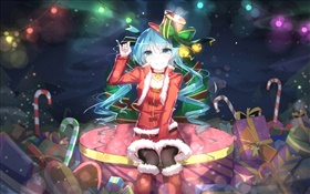 Hatsune Miku, chica de Navidad animado, sombrero, sonrisa, regalos