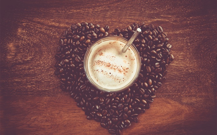 El amor del corazón granos de café, mesa, la taza, copa Fondos de pantalla, imagen