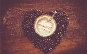 El amor del corazón granos de café, mesa, la taza, copa HD fondos de pantalla