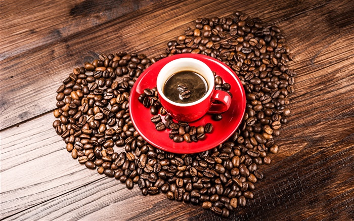Amor corazones granos de café, granos, taza roja, platillo Fondos de pantalla, imagen