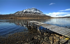 Montaña, lago, puente de madera HD fondos de pantalla