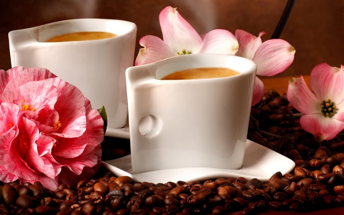 Dos tazas de café, el aroma, los granos de café, flores Fondos de pantalla, imagen