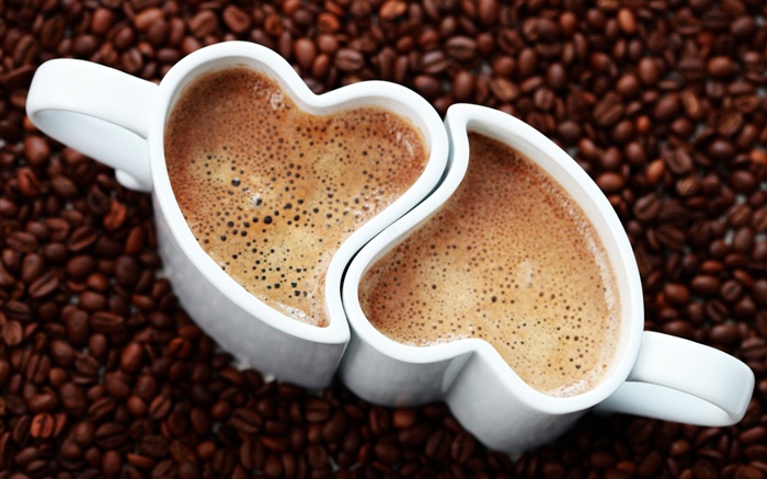 Dos tazas de café, corazones del amor, espuma, bebida Fondos de pantalla, imagen