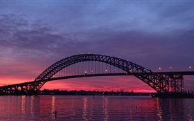 EE.UU., Nueva Jersey, puente de Bayonne, río, puesta del sol, crepúsculo HD fondos de pantalla