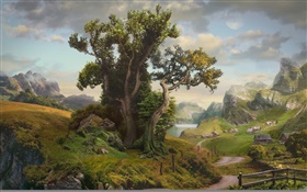 pintura del arte, casa, árboles, pueblo, montaña, carretera, lago HD fondos de pantalla