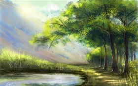 Hermosas pintura, bosque, lago, árboles HD fondos de pantalla