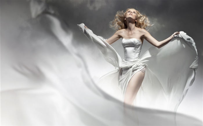 chica rubia, vestido blanco, viento, como ángel Fondos de pantalla, imagen