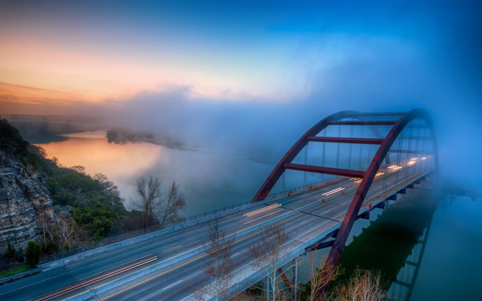 Puente, río, niebla, árboles, nubes, amanecer Fondos de pantalla, imagen
