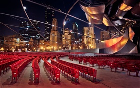 Chicago, Illinois, EE.UU., edificios, rascacielos, sillas, noche HD fondos de pantalla