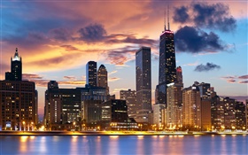Chicago, EE.UU., Río, casas, noche, luces