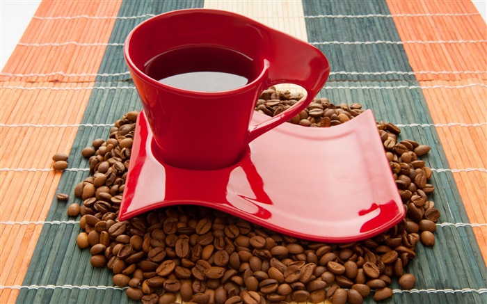 Copa, granos de café, beber, de color rojo Fondos de pantalla, imagen