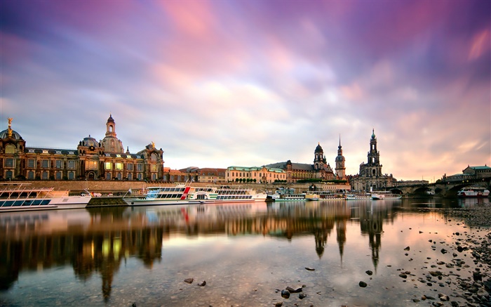 Dresden, Alemania, mañana, edificios, barcos, río Elba Fondos de pantalla, imagen