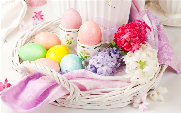 Huevos de Pascua, flores, primavera, decoración Fondos de pantalla, imagen