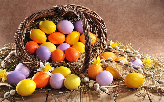 Pascua, huevos, primavera, ramas de sauce, cesta Fondos de pantalla, imagen