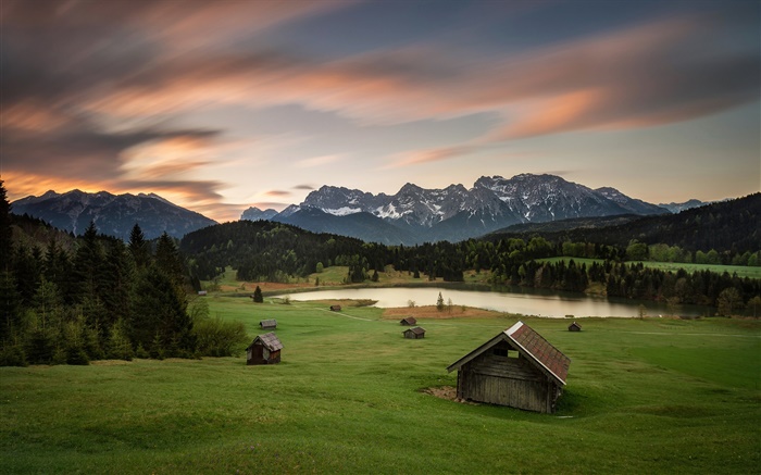 Alemania, Baviera, Alpes, montañas, casas, árboles, lago Fondos de pantalla, imagen