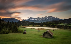 Alemania, Baviera, Alpes, montañas, casas, árboles, lago HD fondos de pantalla