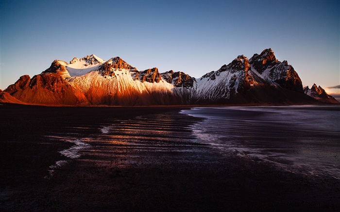 Islandia, Stokksnes, montaña, mar, puesta del sol Fondos de pantalla, imagen