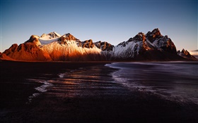 Islandia, Stokksnes, montaña, mar, puesta del sol HD fondos de pantalla