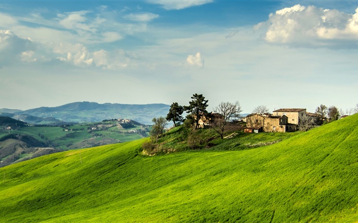 Italia, pendiente, la hierba, casa, árboles, nubes Fondos de pantalla, imagen
