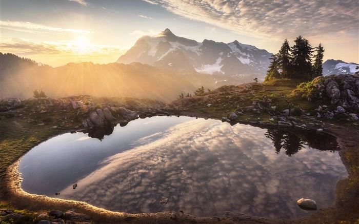 Montañas, estanque, la reflexión del agua, amanecer, salida del sol Fondos de pantalla, imagen