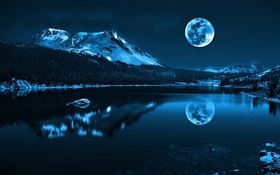 Noche, luna, lago, montañas, reflexión, piedras