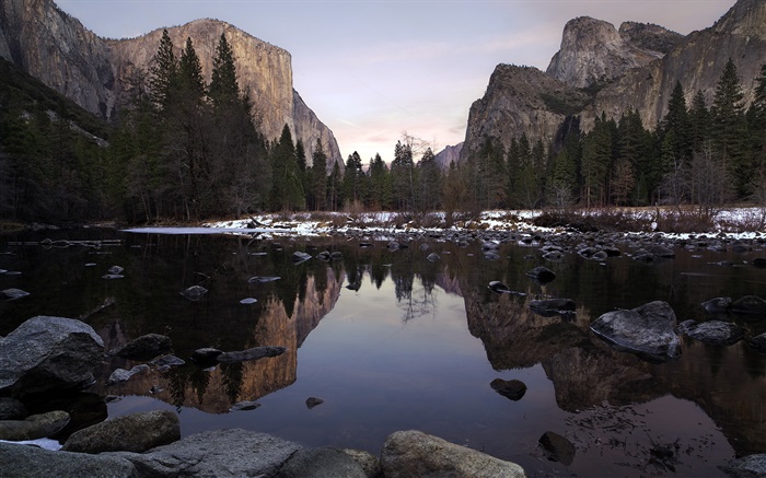 Parque Yosemite, valle, montañas, lago, árboles, piedras Fondos de pantalla, imagen