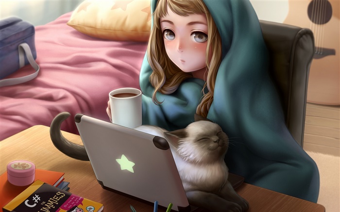Anime niña utilizan portátil, sala, gato, té Fondos de pantalla, imagen