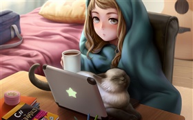 Anime niña utilizan portátil, sala, gato, té