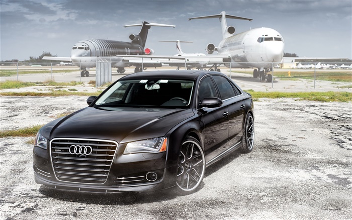 sedán Audi, coche negro, aviones, aeropuertos Fondos de pantalla, imagen