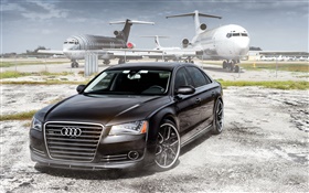 sedán Audi, coche negro, aviones, aeropuertos