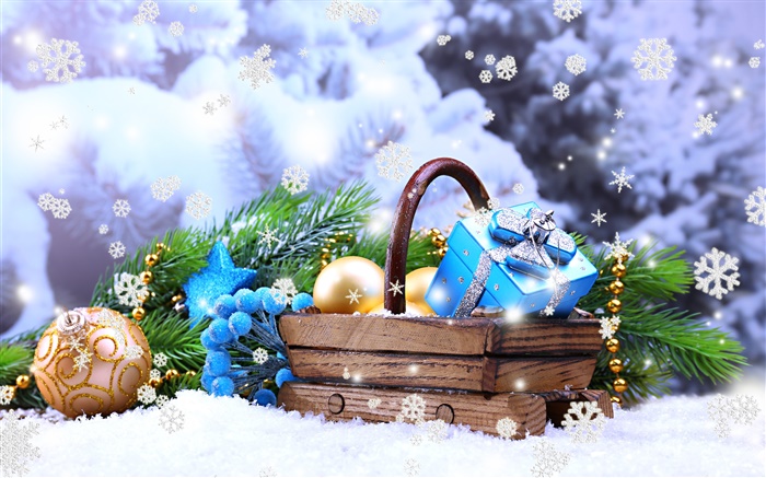 Balones, Año Nuevo, Feliz Navidad, regalos, nieve Fondos de pantalla, imagen