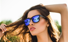 vidrios azules chica, lápiz de labios, pelo, verano HD fondos de pantalla