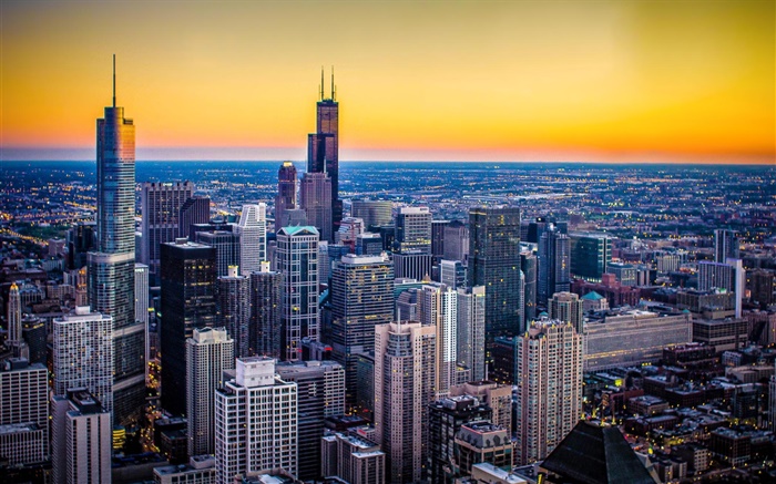 Chicago, Illinois, EE.UU., ciudad, oscuridad, rascacielos, puesta del sol Fondos de pantalla, imagen