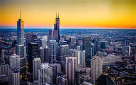 Chicago, Illinois, EE.UU., ciudad, oscuridad, rascacielos, puesta del sol HD fondos de pantalla