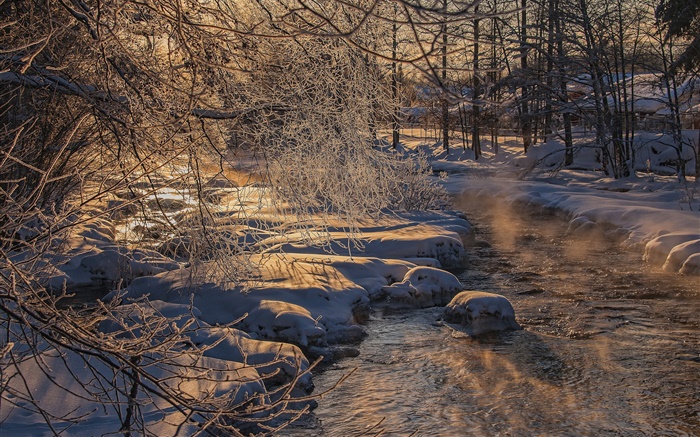 Frío invierno, árboles, río, nieve espesa Fondos de pantalla, imagen