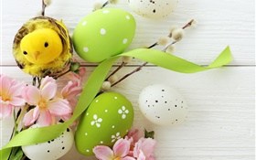 Pascua, decoración de fiesta, los huevos, las ramitas de sauce, flores, primavera HD fondos de pantalla
