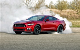 Ford Mustang de color rojo coche, humo HD fondos de pantalla