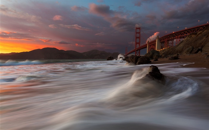 Puente Golden Gate, Marshall Playa, mar, EE.UU., San Francisco, noche, nubes Fondos de pantalla, imagen