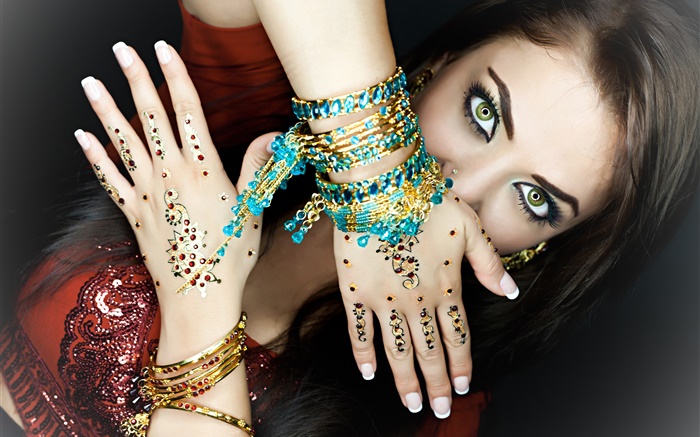 Verde chica ojos, maquillaje, manos, joyas, India Fondos de pantalla, imagen