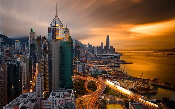 Hong Kong, China, la ciudad de noche, puerto, cielo, edificios, noche Fondos de pantalla, imagen