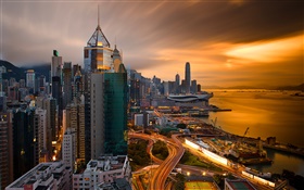 Hong Kong, China, la ciudad de noche, puerto, cielo, edificios, noche HD fondos de pantalla